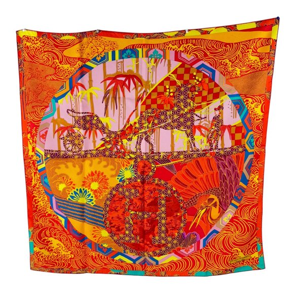 HERMES Orange & Multicolor 100% Silk Ex-Libris En Kimonos Pattern Scarf France - Picture 2 of 11